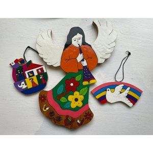 Southwest Folk Art Wooden Ornaments Handmade Noah's Arch Angel Dove Bright Paint